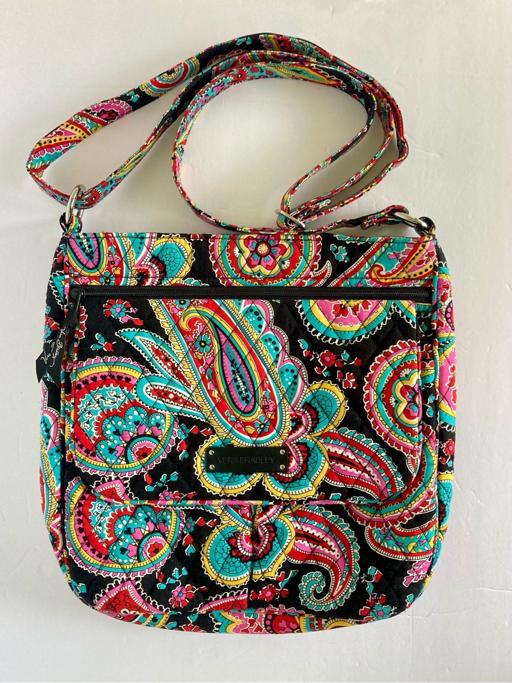 Vera Bradley Black Paisley Quilted Crossbody with Turquoise, Pink & Yellow
